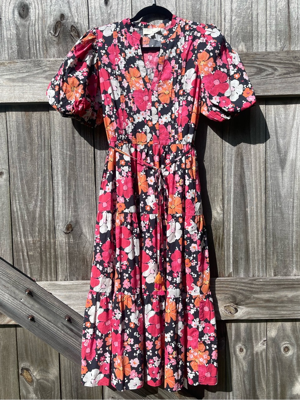 Pinch Black Floral Midi Dress with Pink & Orange Blooms Sz M
